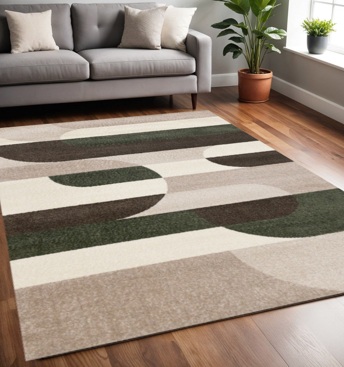 5 X 8 Cream Green And Brown Geometric Area Rug