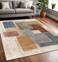 5 X 8 Cream Blue And Brown Geometric Area Rug