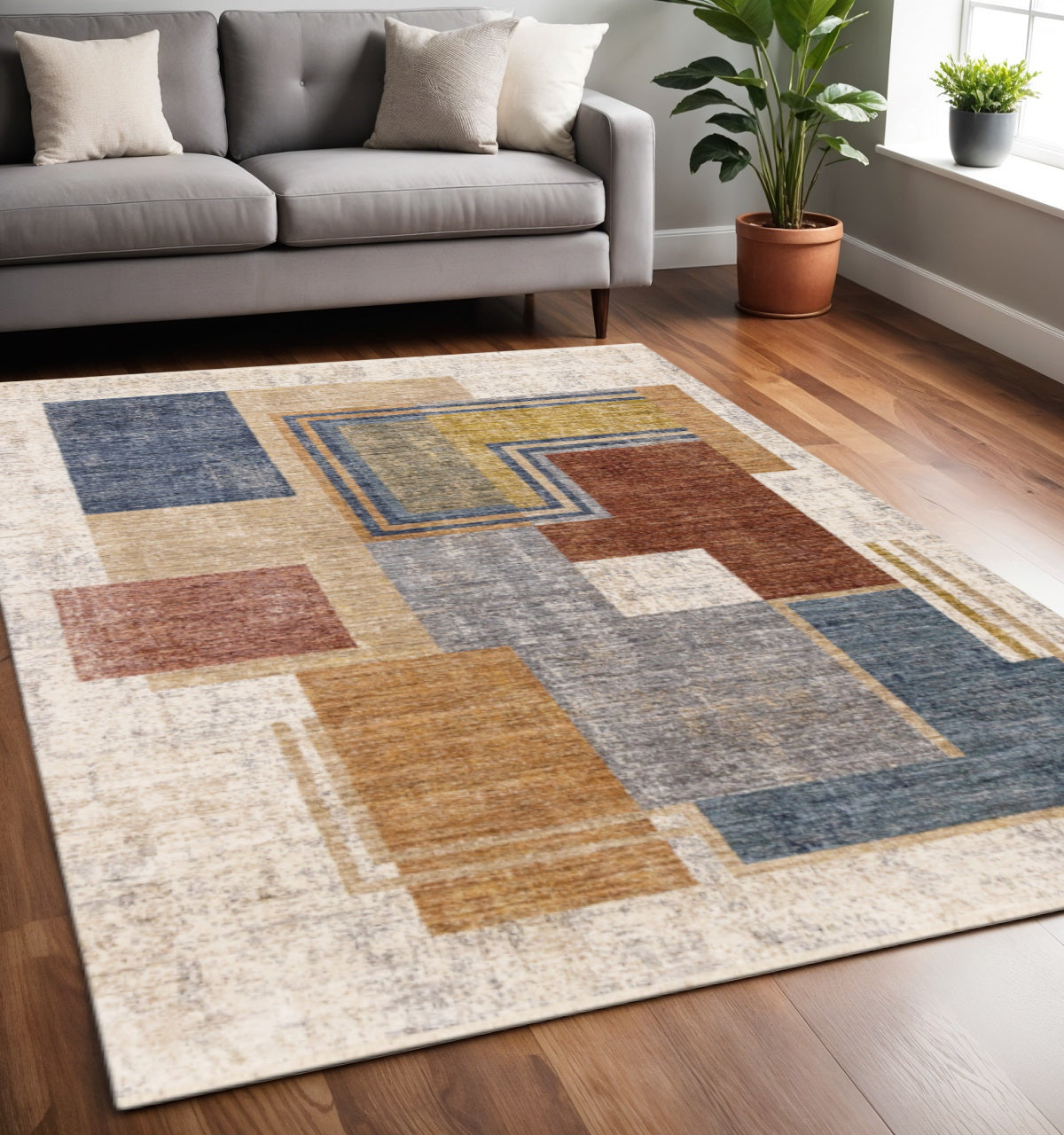 5 X 8 Cream Blue And Brown Geometric Area Rug