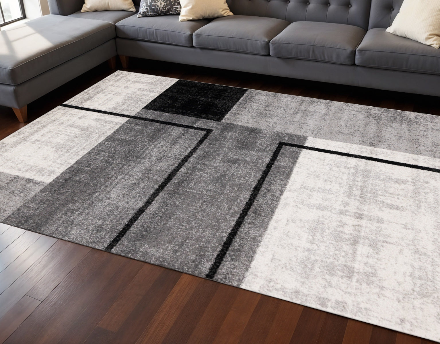 8 X 11 Black And Gray Abstract Area Rug