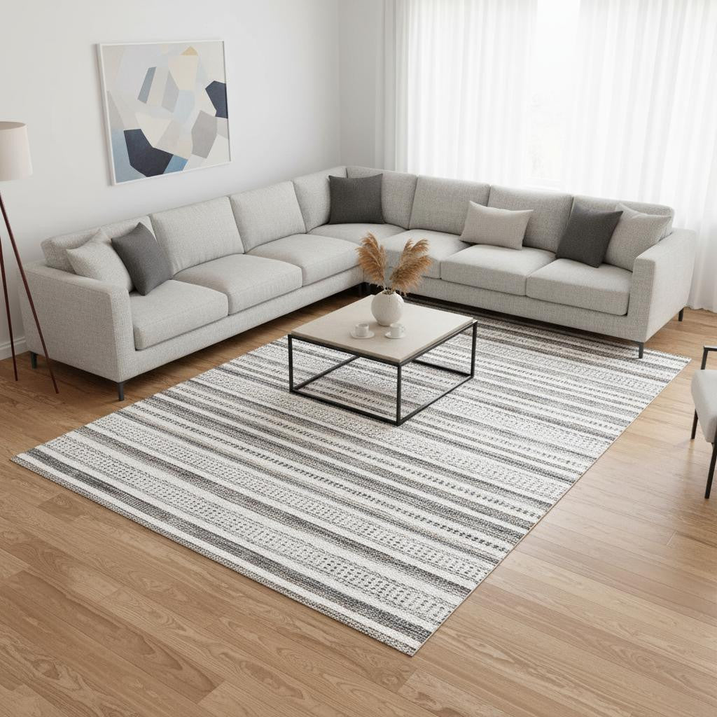 8 X 11 Cream Beige And Gray Striped Hand Woven Area Rug