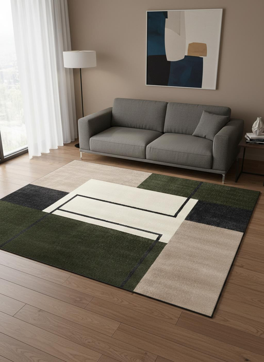 5 X 8 Green Black And Ivory Geometric Area Rug