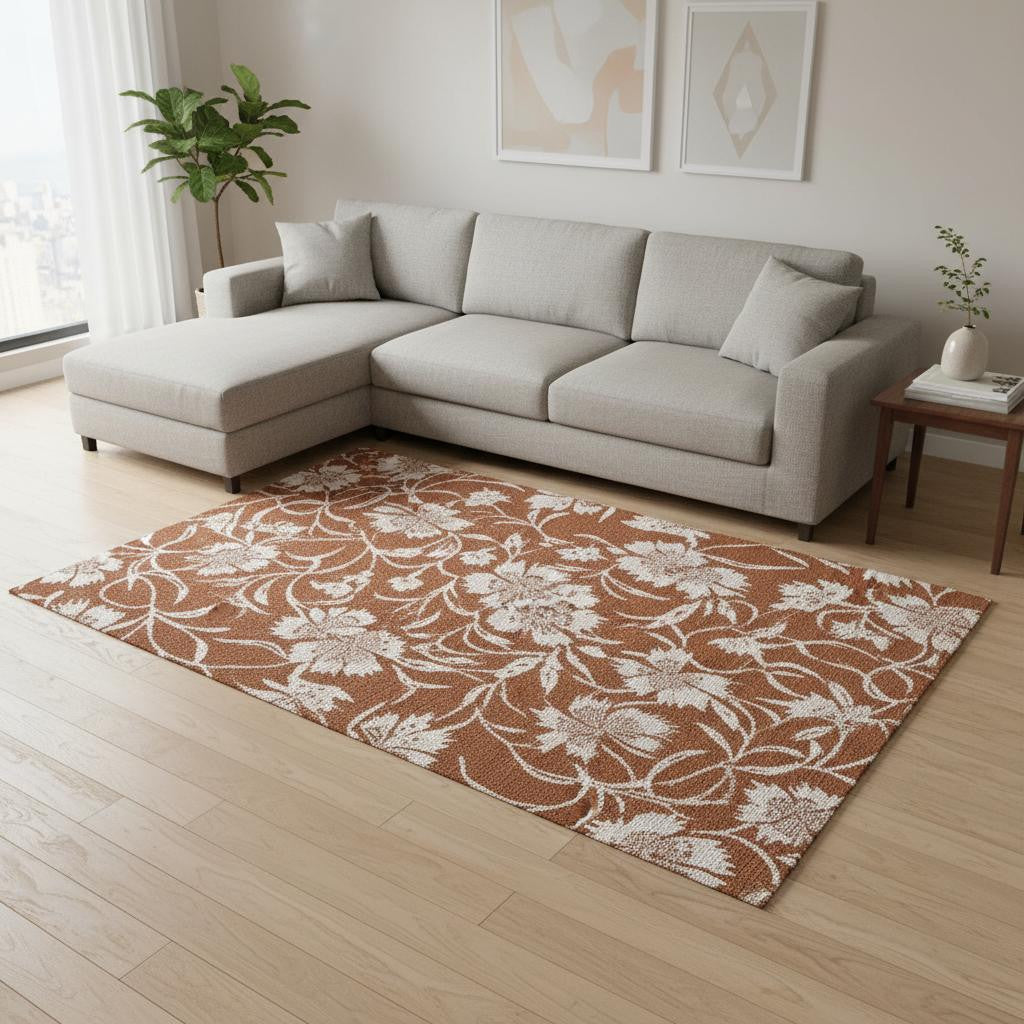 8 X 11 Orange And White Botanical Leaves Area Rug