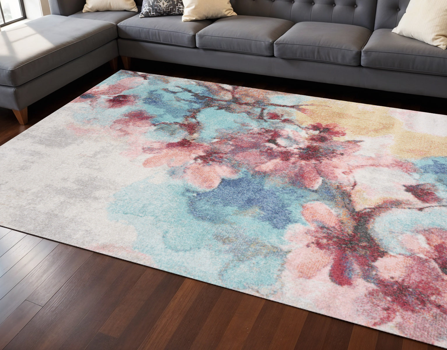 7 X 10 Cream Blue And Pink Floral Area Rug