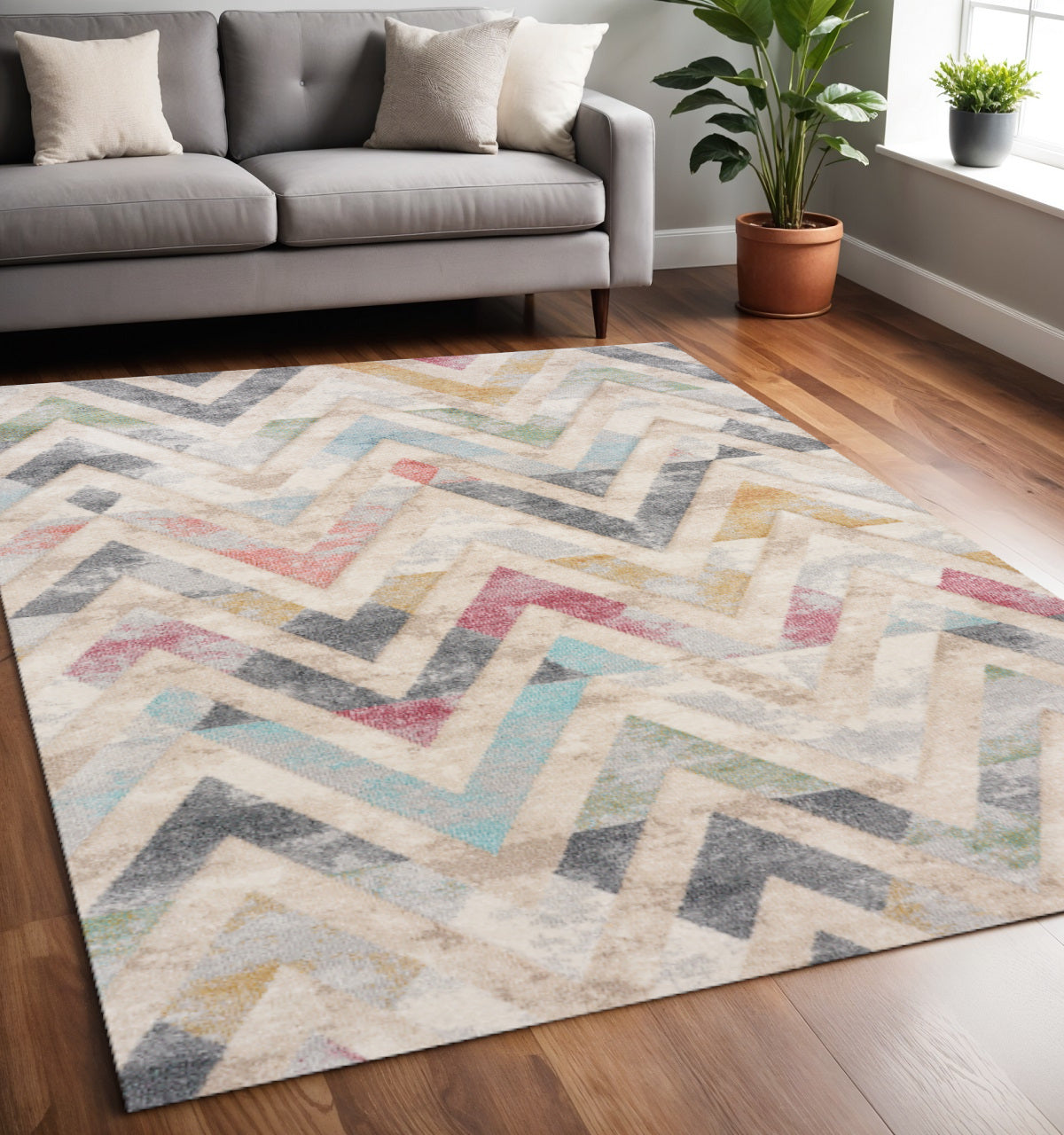 5 X 8 Cream Blue And Pink Chevron Area Rug