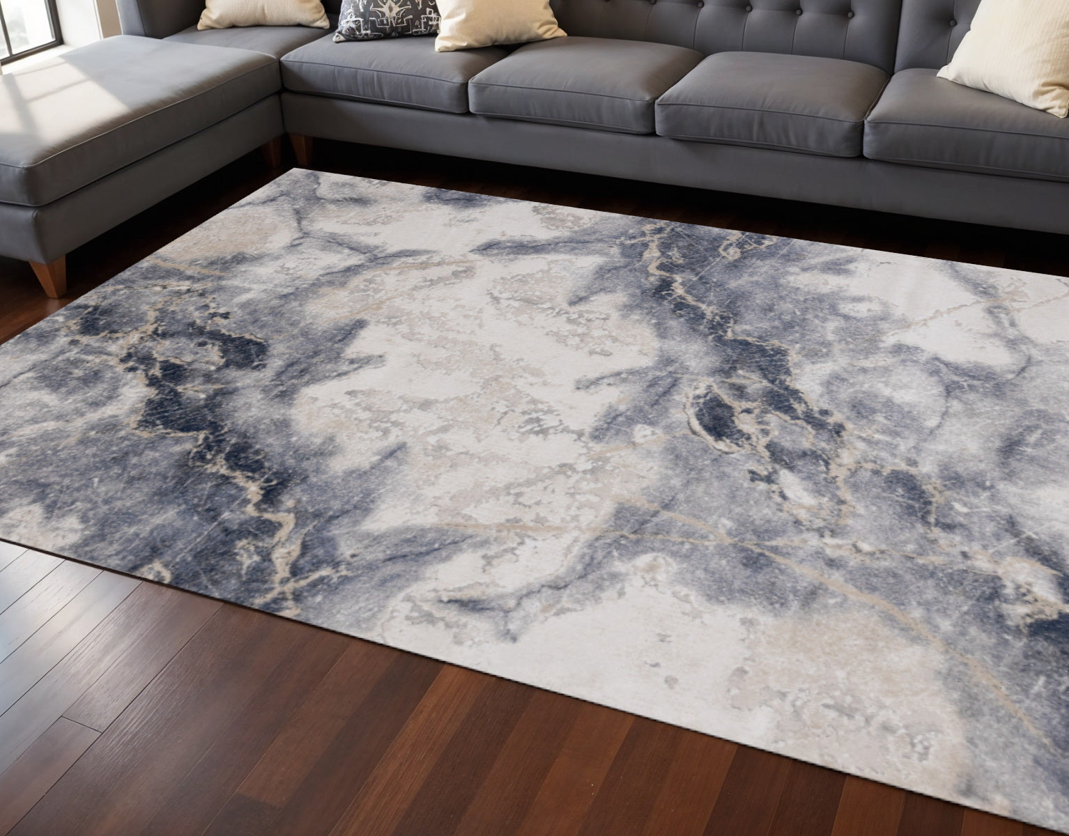 8 X 11 Blue Cream And Gray Abstract Area Rug