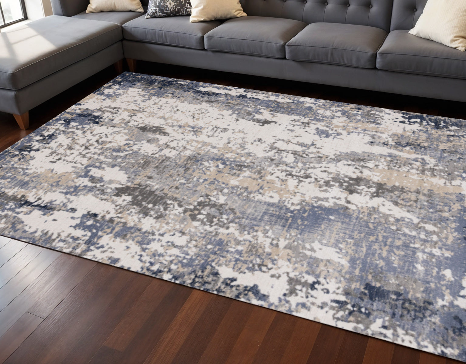 8 X 11 Blue Beige And Gray Abstract Area Rug