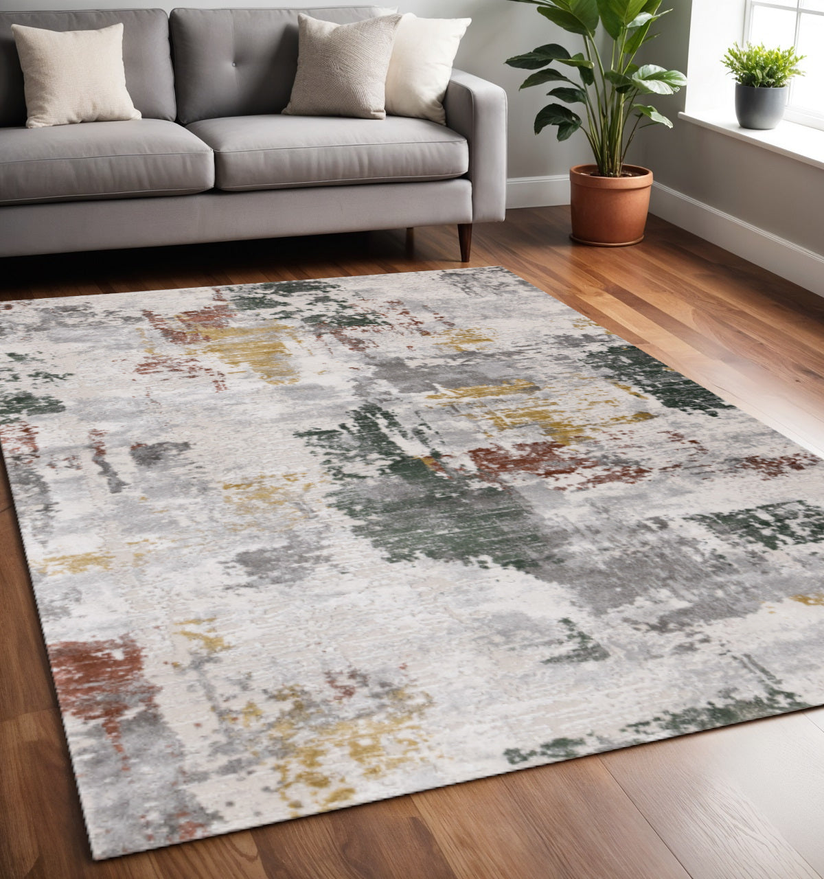 5 X 8 Gray Yellow And Green Abstract Area Rug