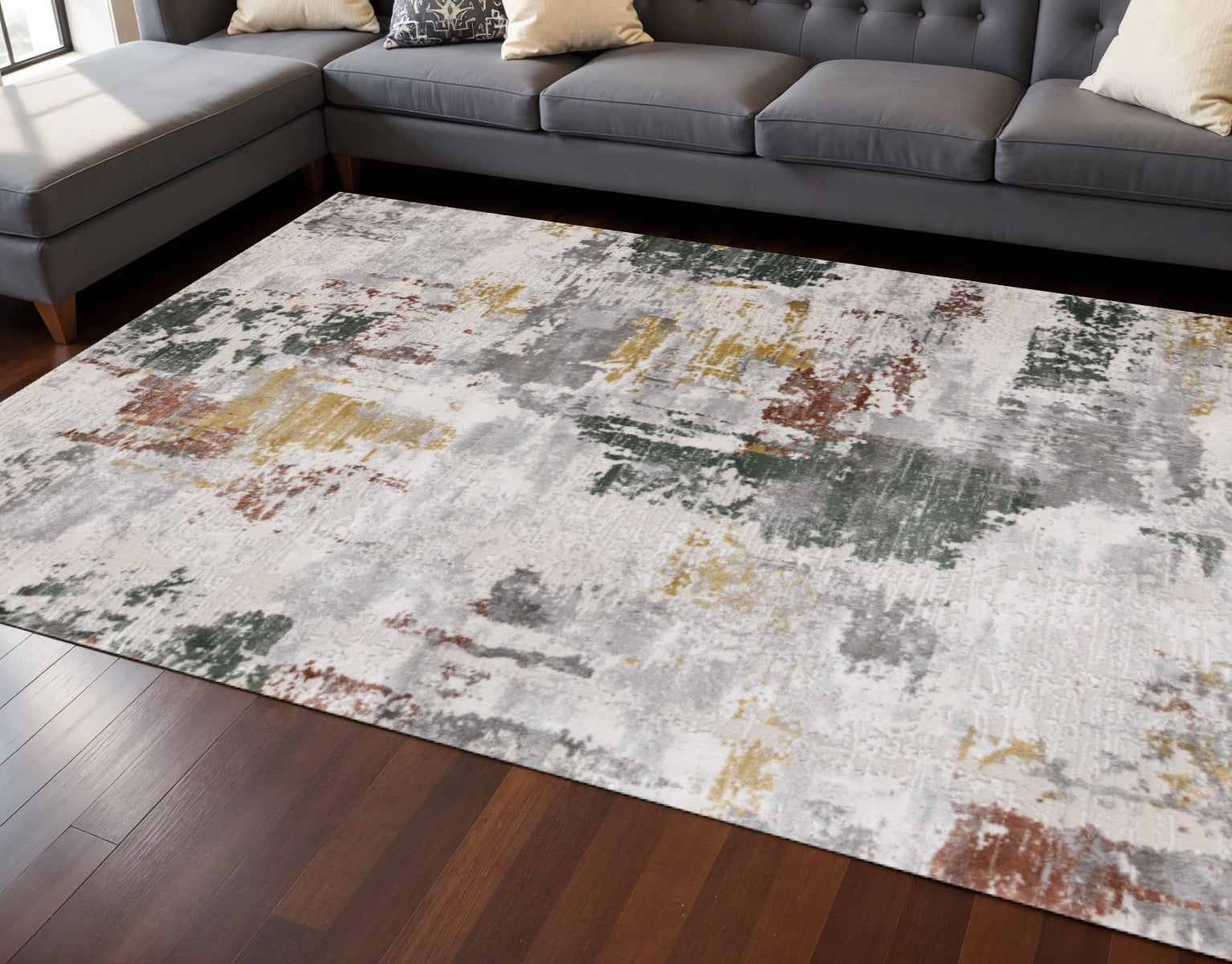 7 X 10 Gray Yellow And Green Abstract Area Rug