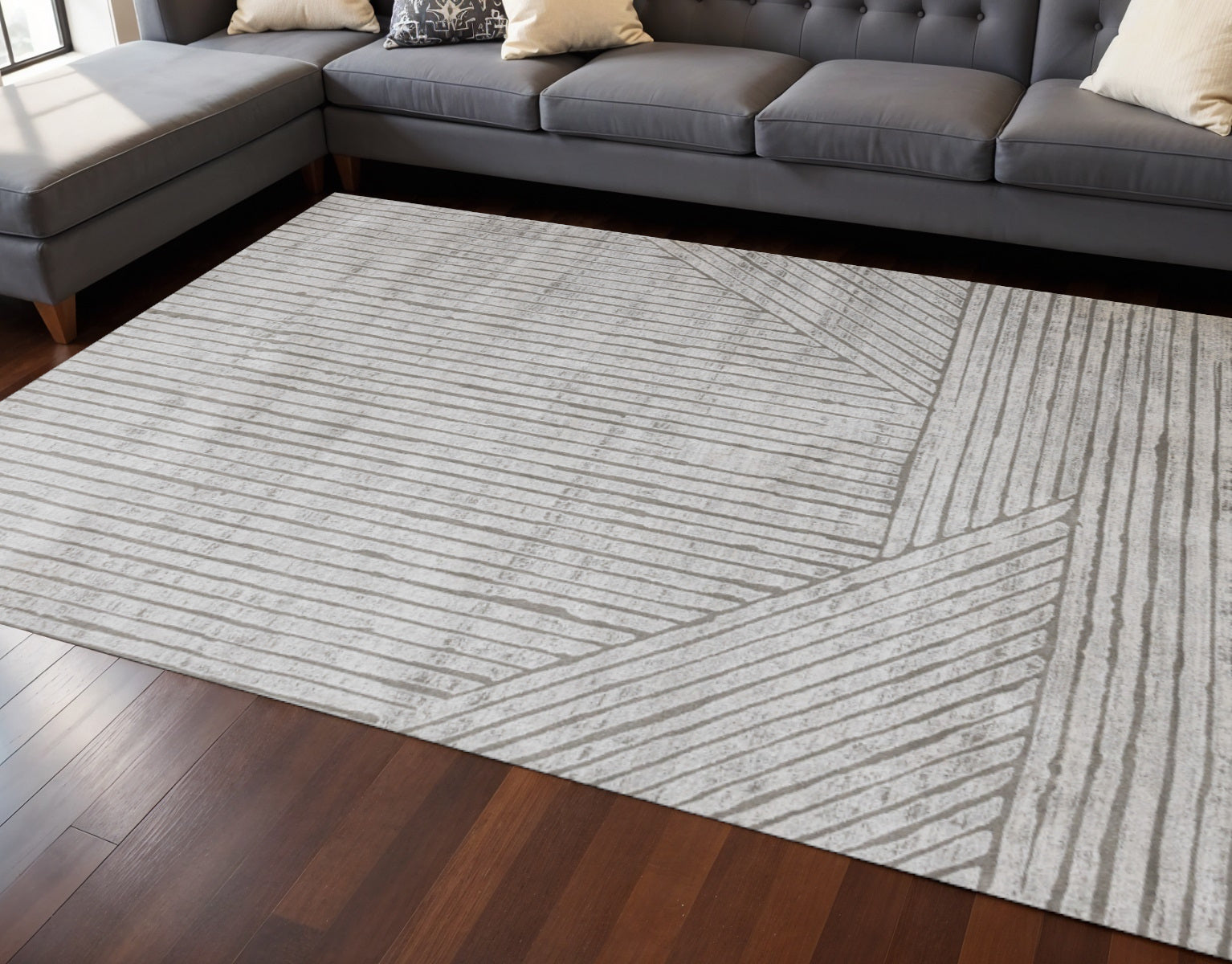7 X 10 Gray And Off White Striped Area Rug