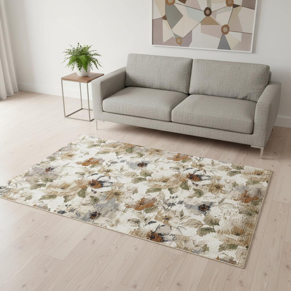 5 X 8 Cream Beige And Green Floral Area Rug