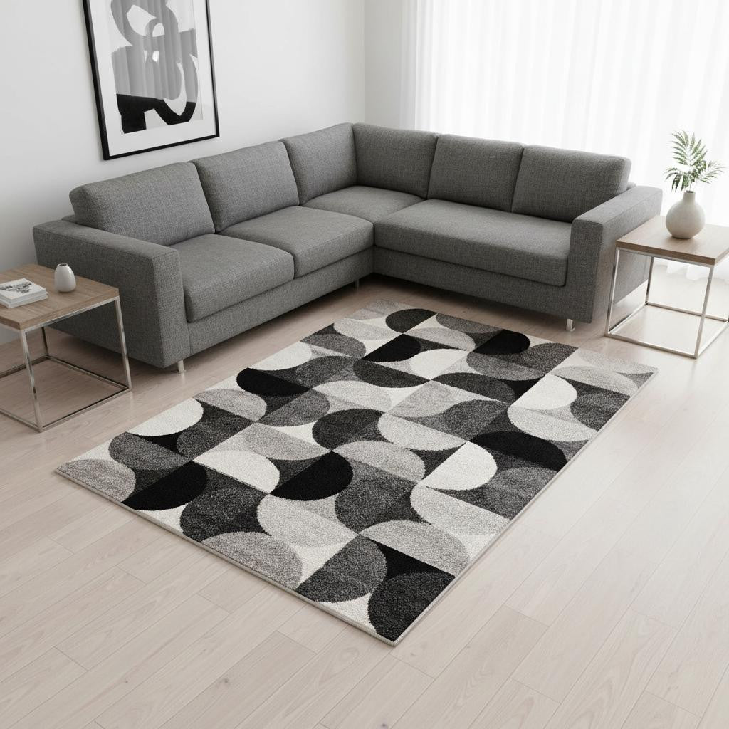 8 X 11 Gray Black And Ivory Geometric Area Rug