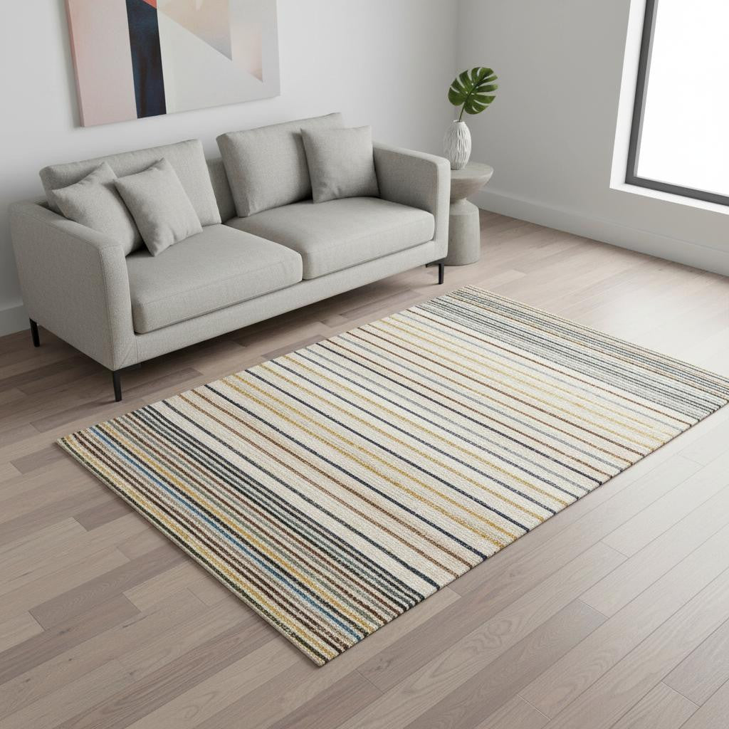 5 X 8 Cream Blue And Red Striped Area Rug