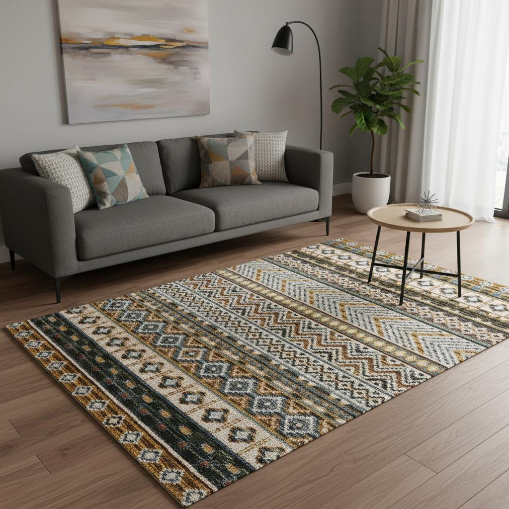 5 X 8 Cream Blue And Brown Tribal Area Rug