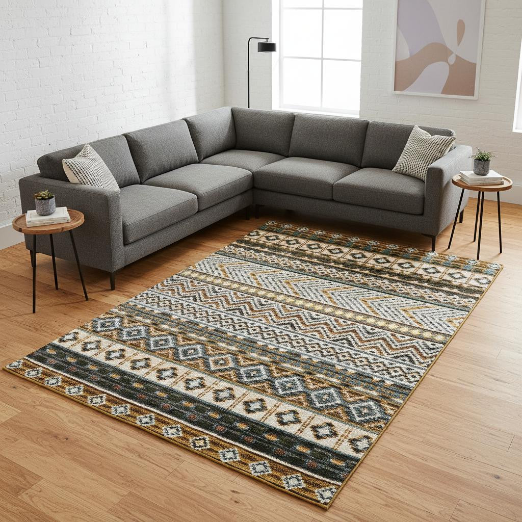8 X 11 Cream Blue And Brown Tribal Area Rug