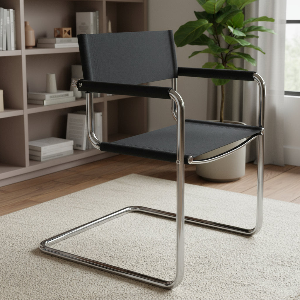23 Silver And Black Genuine Leather and Stainless Steel Arm Chair