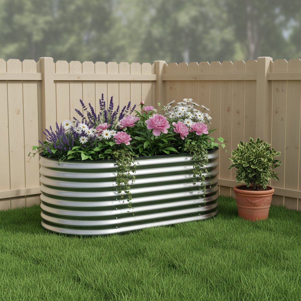 32 X 63 Silver Metal Oval Raised Garden Bed