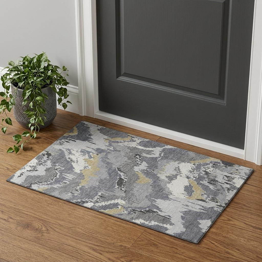 3 X 5 Gray Gold And Ivory Abstract Washable Area Rug With UV Protection