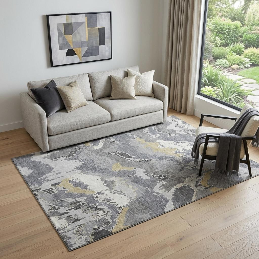 5 X 8 Gray Gold And Ivory Abstract Washable Area Rug With UV Protection