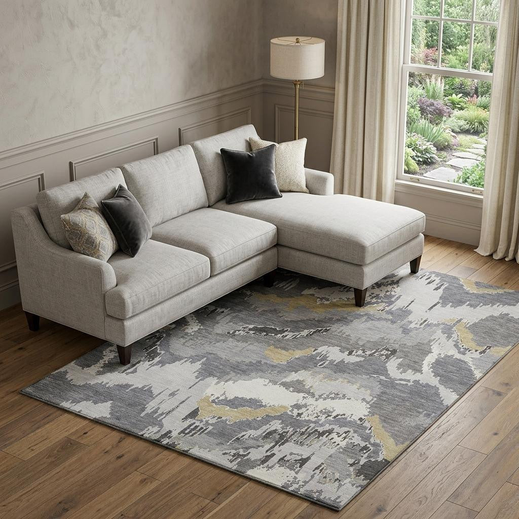 9 X 12 Gray Gold And Ivory Abstract Washable Area Rug With UV Protection