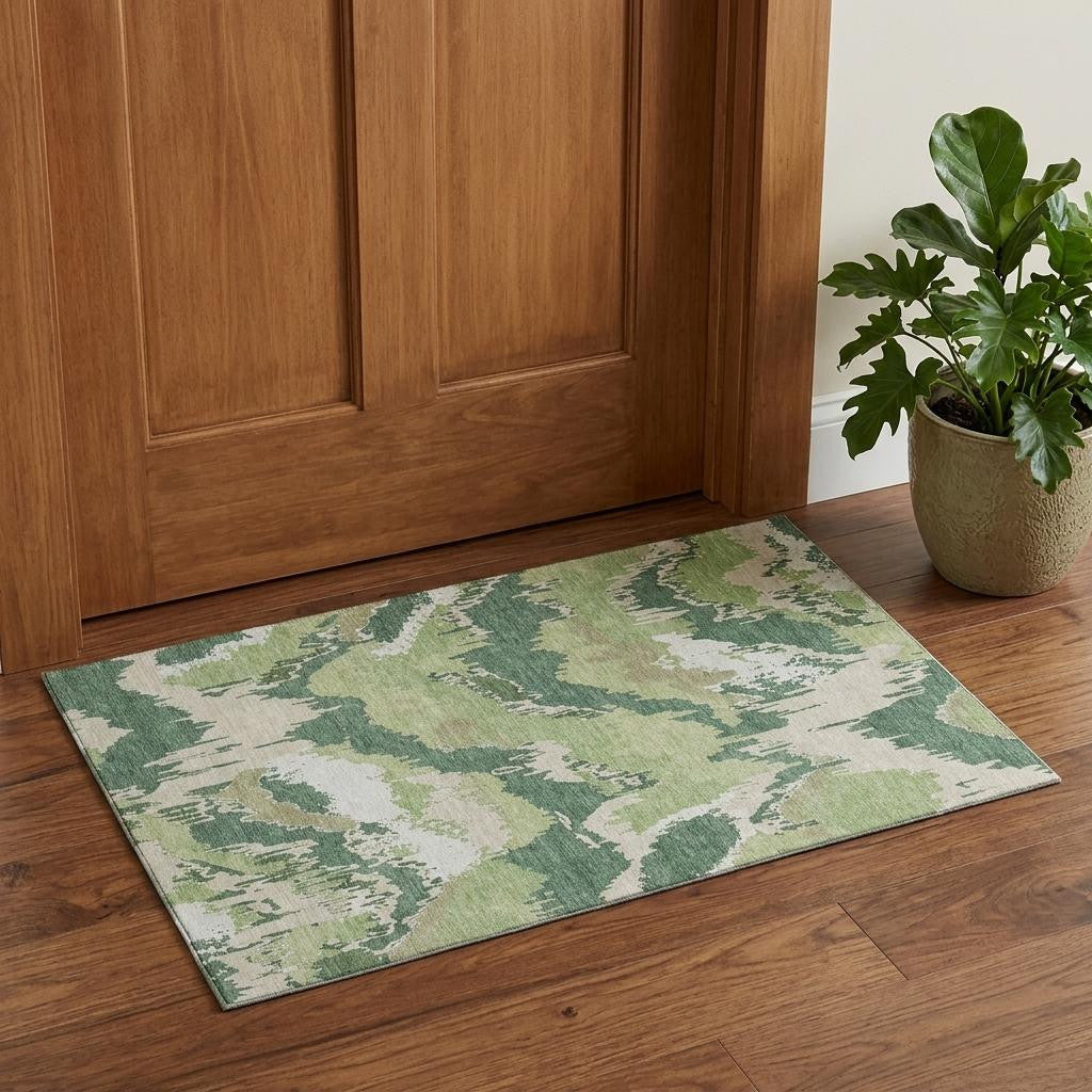 3 X 5 Green Ivory And Beige Abstract Washable Area Rug With UV Protection