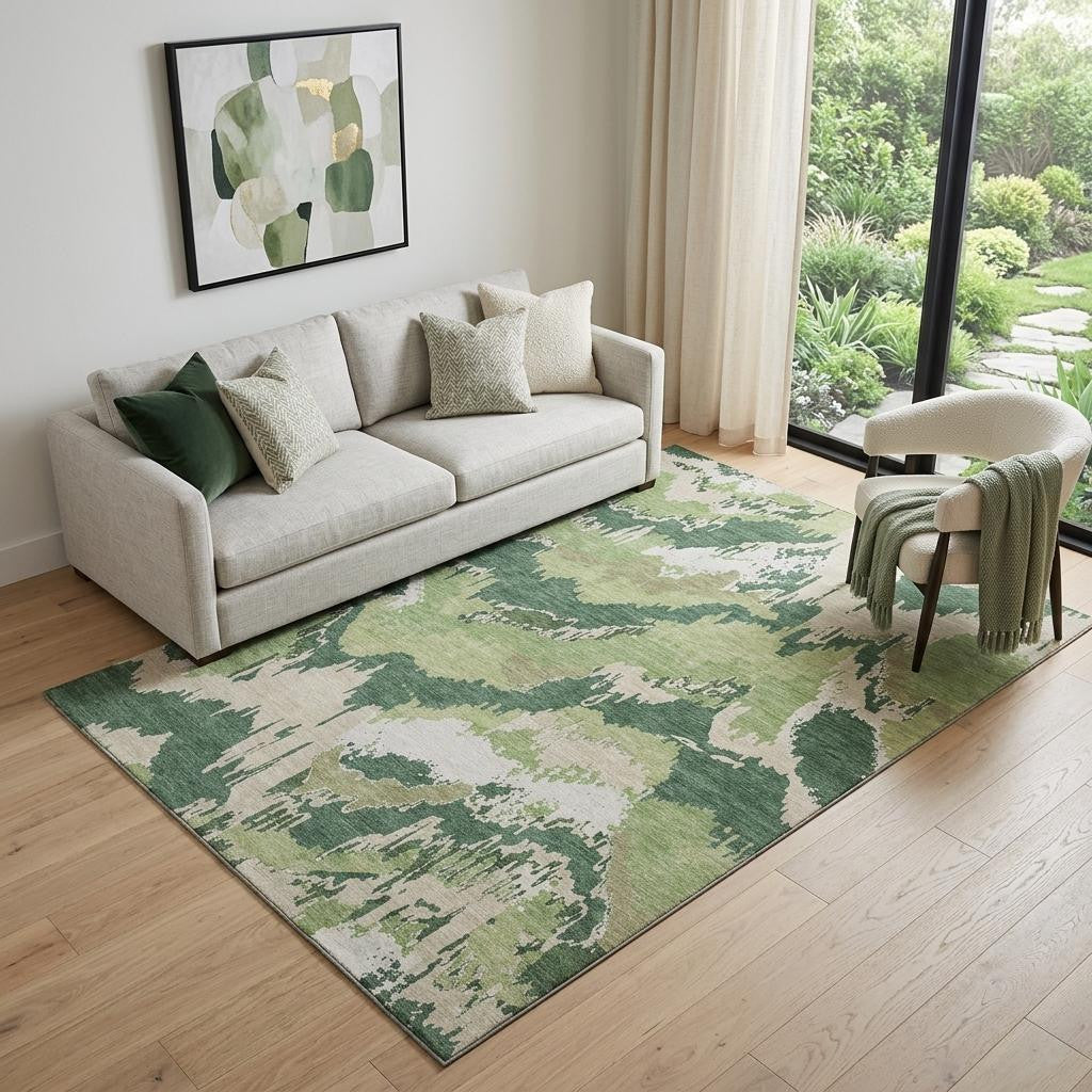 5 X 8 Green Ivory And Beige Abstract Washable Area Rug With UV Protection