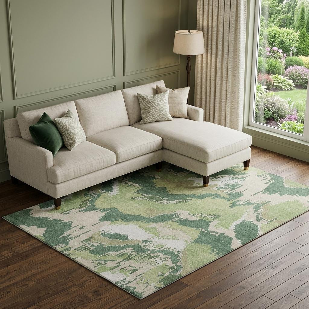 10 X 14 Green Ivory And Beige Abstract Washable Area Rug With UV Protection