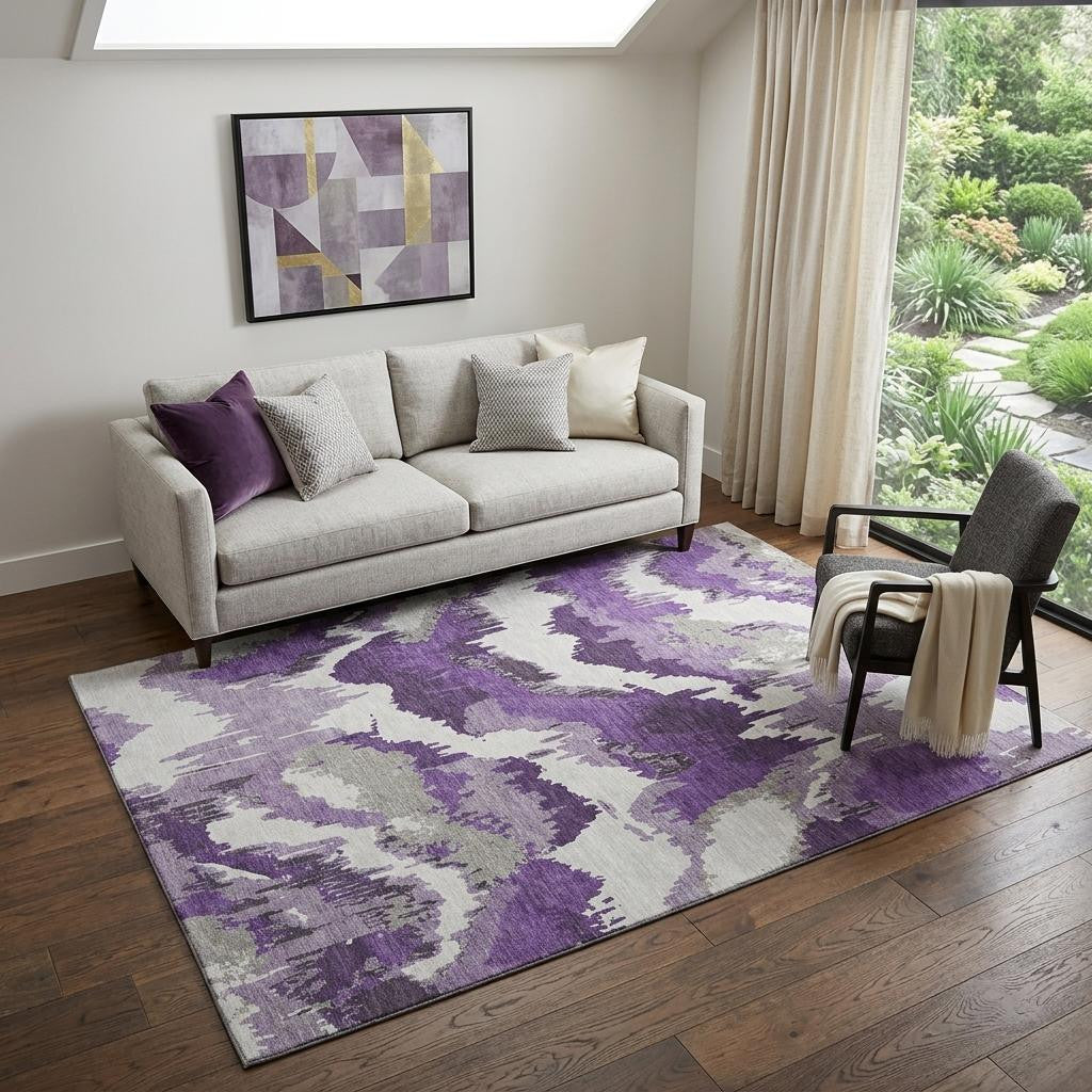5 X 8 Purple Ivory And Gray Abstract Washable Area Rug With UV Protection