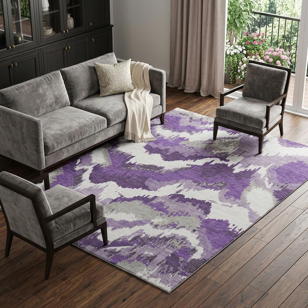 9 X 12 Purple Ivory And Gray Abstract Washable Area Rug With UV Protection