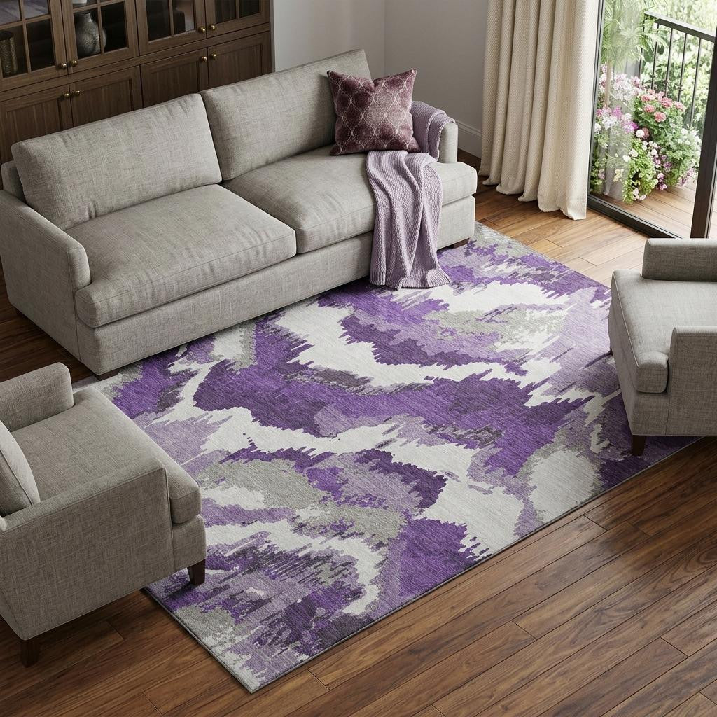 10 X 14 Purple Ivory And Gray Abstract Washable Area Rug With UV Protection