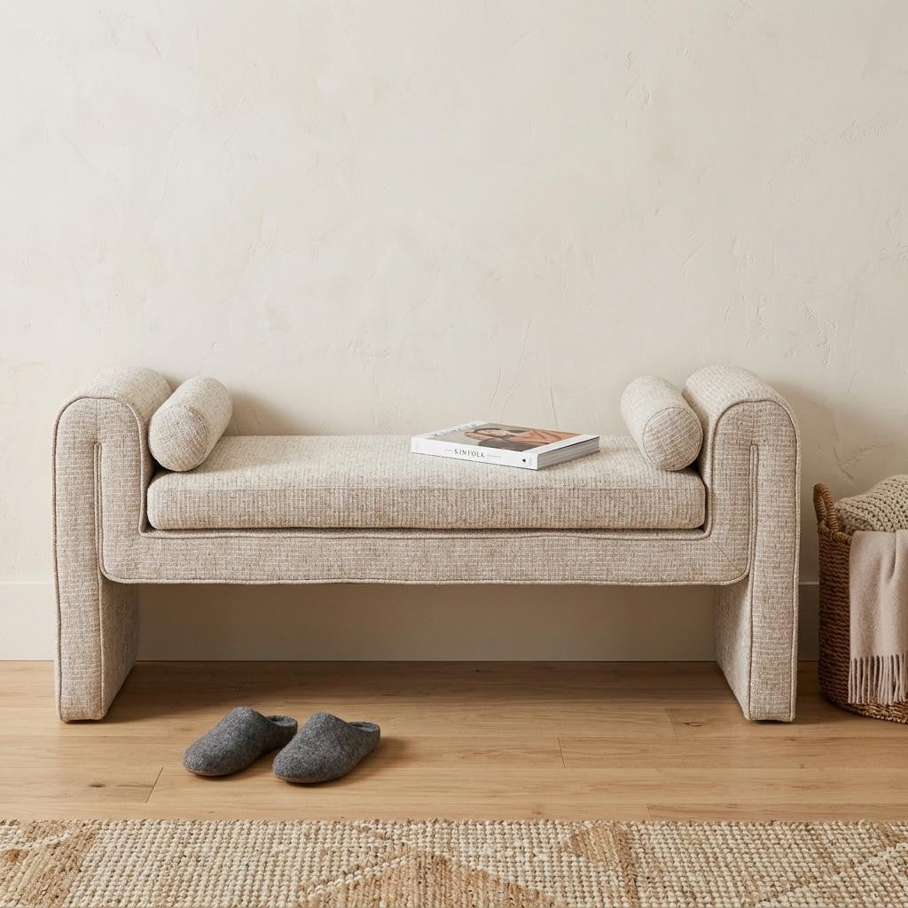 60 Inch Beige Fabric and Solid Wood Upholstered Bench