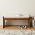 48 Inch Beige and Brown Fabric and Solid Wood Upholstered Dining Bench