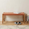 48 Inch Tan and Natural Genuine Leather and Solid Wood Upholstered Dining Bench