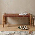48 Inch Brown and Natural Genuine Leather and Solid Wood Bench