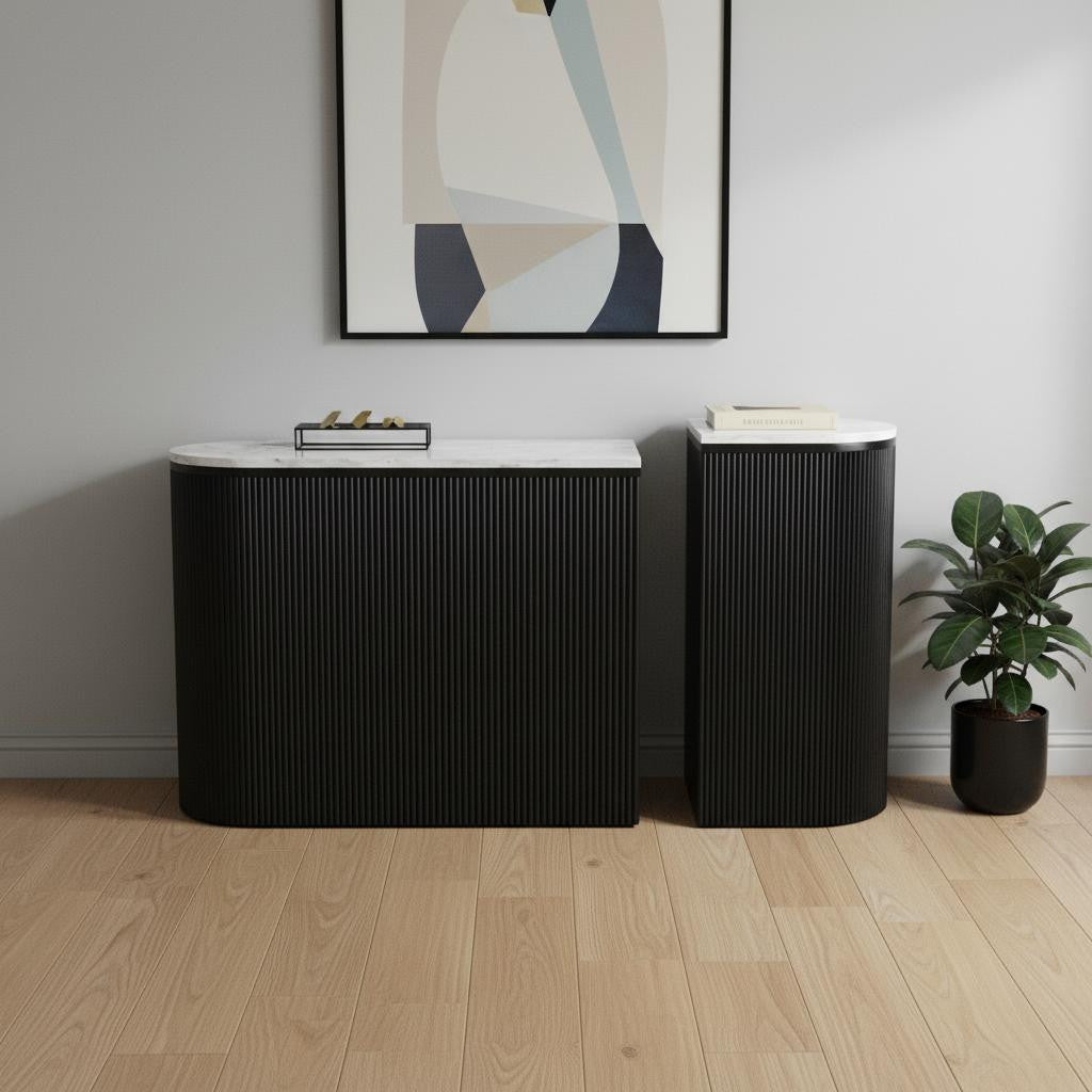 Set of Two 35 White and Black Genuine Marble and Solid Wood Oval Solid Console Tables