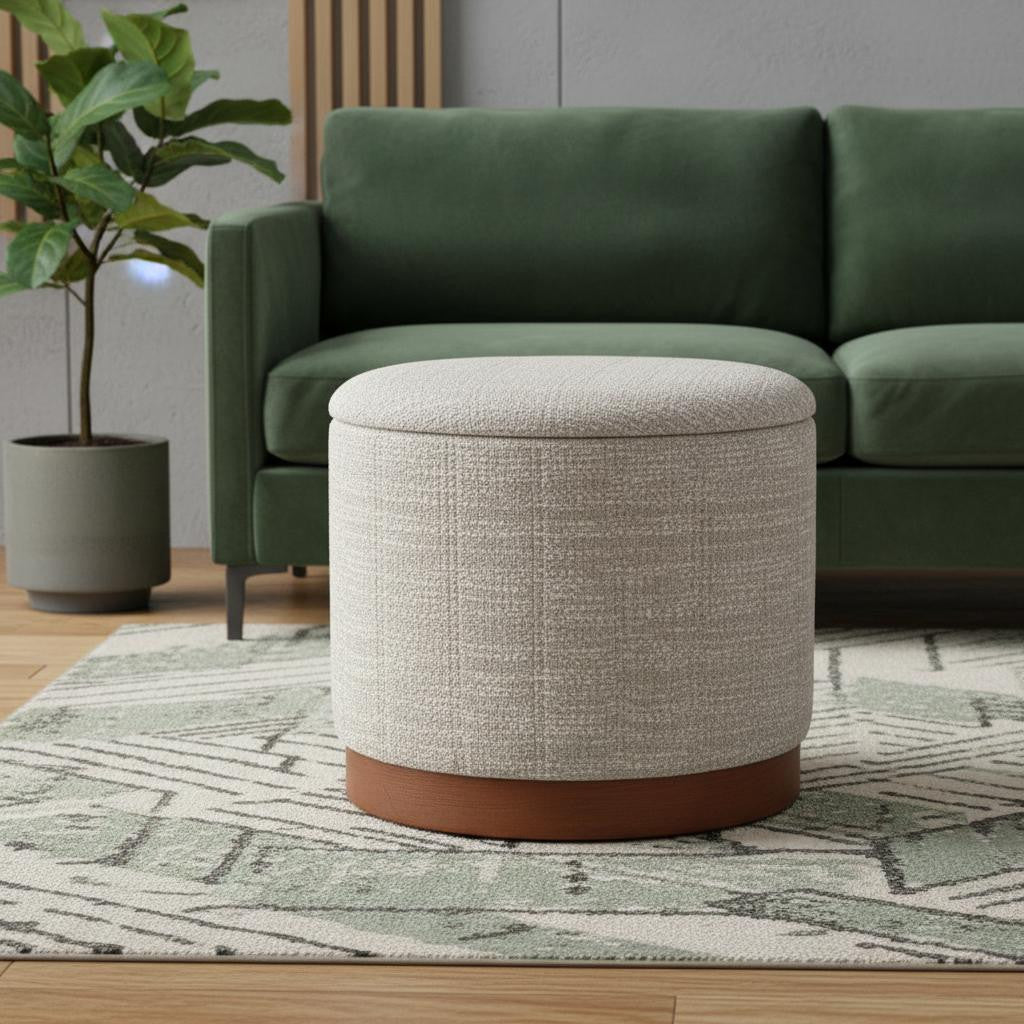20 Inch Gray Wood And Fabric Round Ottoman With Storage