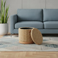 20 Inch Yellow And Natural Wood And Upholstery Round Ottoman With Storage