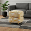 18 Inch White Yellow And Natural Wood And Upholstery Checkered Ottoman
