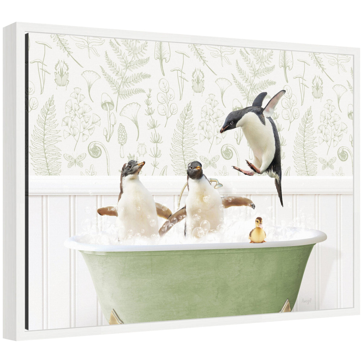 Sylvie Penguins in Fern Bath Framed Canvas by Amy Peterson