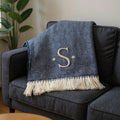 55 X 70 Navy Blue And White Herringbone Cotton Blend S Initial Throw Blanket with Tassels And Embroidery