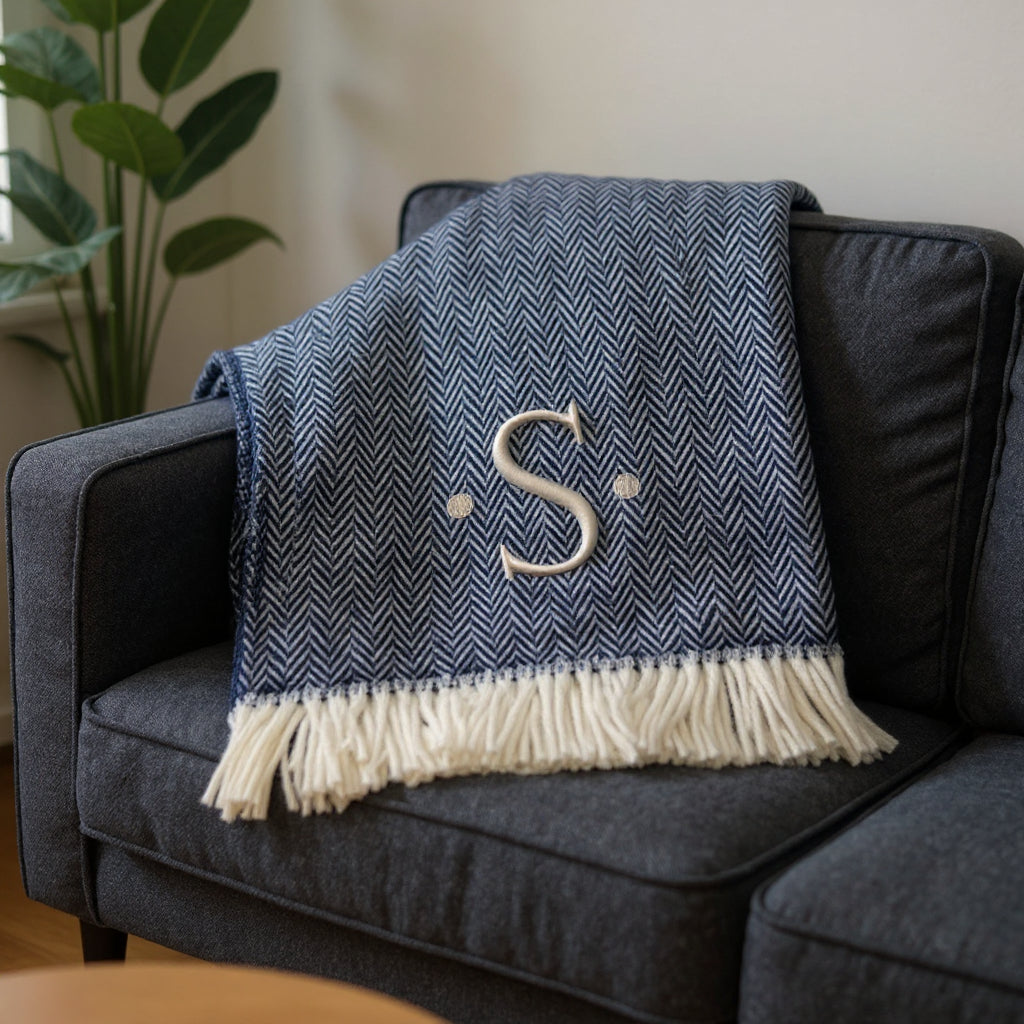 55 X 70 Navy Blue And White Herringbone Cotton Blend S Initial Throw Blanket with Tassels And Embroidery