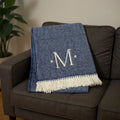 55 X 70 Navy Blue And White Herringbone Cotton Blend M Initial Throw Blanket with Tassels And Embroidery
