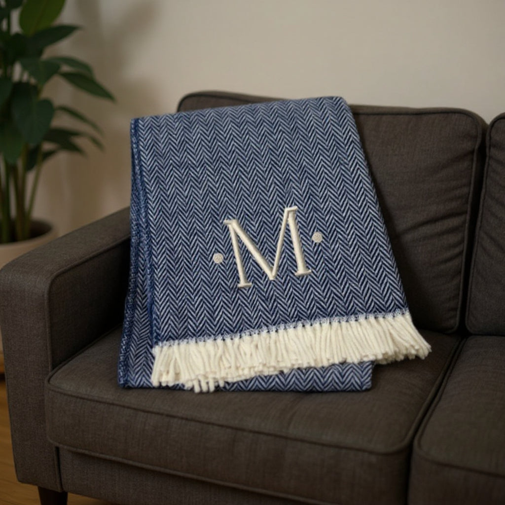 55 X 70 Navy Blue And White Herringbone Cotton Blend M Initial Throw Blanket with Tassels And Embroidery