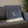 55 X 70 Navy Blue And White Herringbone Cotton Blend K Initial Throw Blanket with Tassels And Embroidery