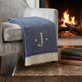 55 X 70 Navy Blue And White Herringbone Cotton Blend J Throw Blanket with Tassels And Embroidery