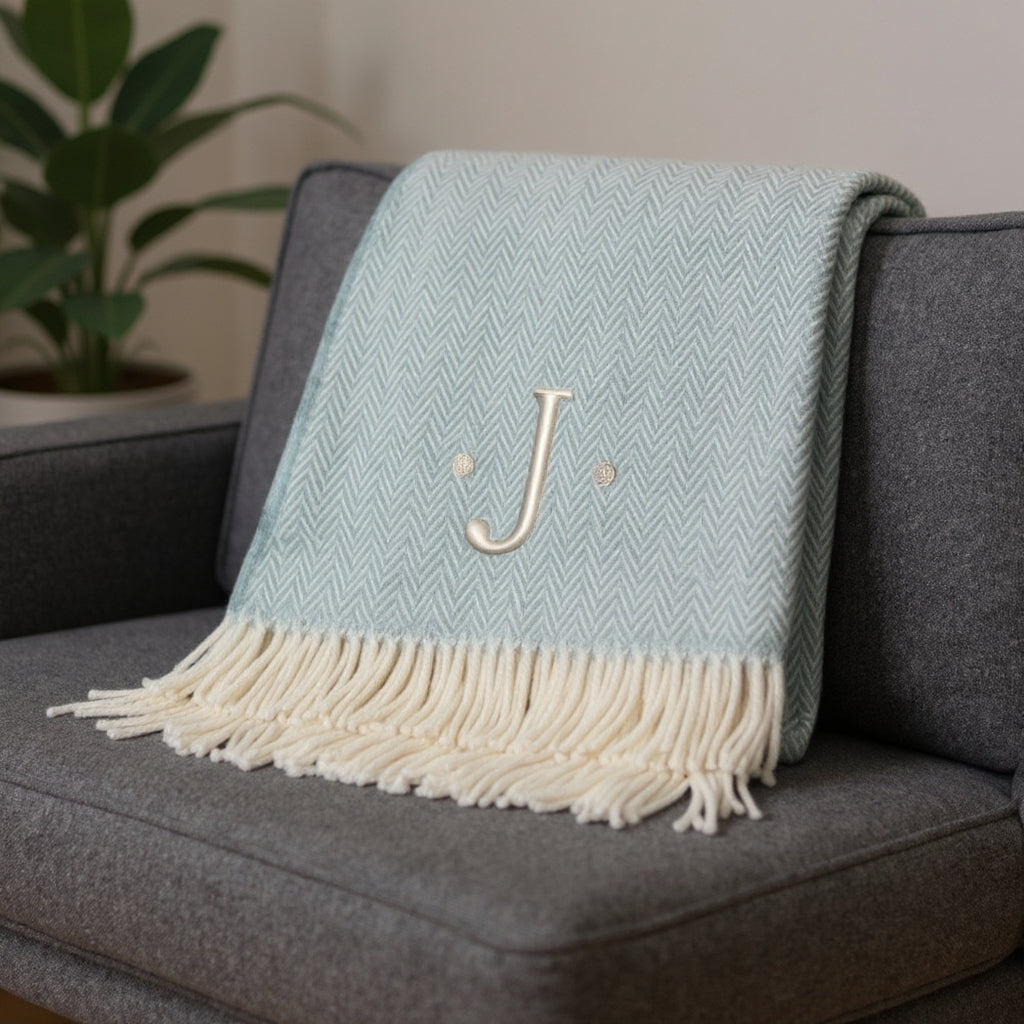 55 X 70 Sky Blue And White Herringbone Cotton Blend J Throw Blanket with Tassels And Embroidery