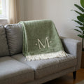 55 X 70 Moss Green And White Herringbone Cotton Blend M Initial Throw Blanket with Tassels And Embroidery