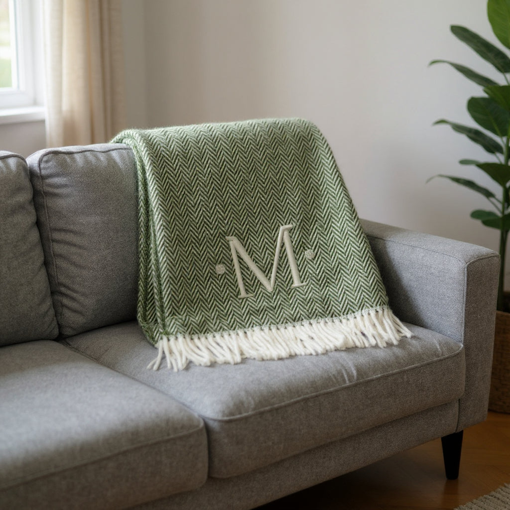 55 X 70 Moss Green And White Herringbone Cotton Blend M Initial Throw Blanket with Tassels And Embroidery