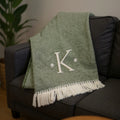 55 X 70 Moss Green And White Herringbone Cotton Blend K Initial Throw Blanket with Tassels And Embroidery