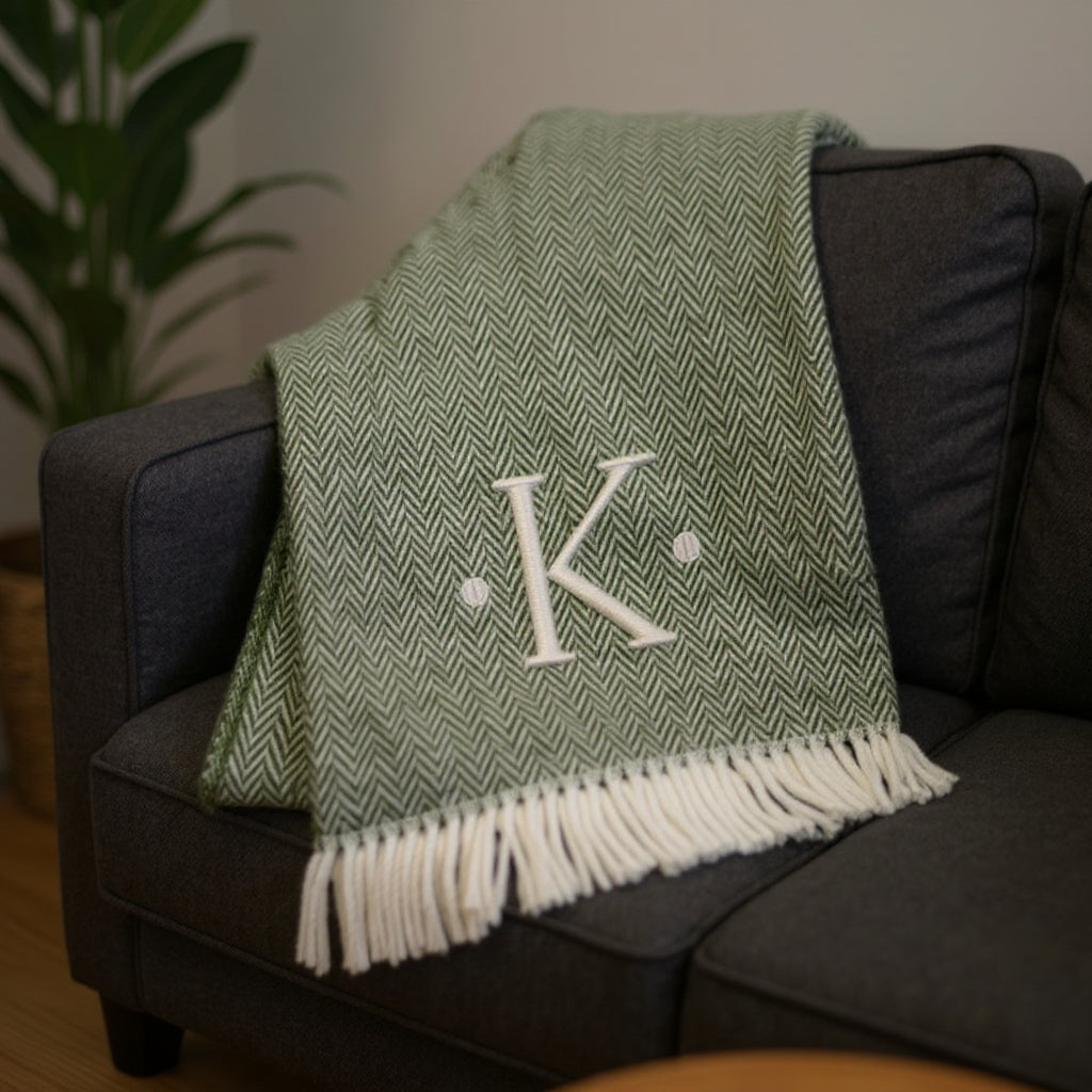 55 X 70 Moss Green And White Herringbone Cotton Blend K Initial Throw Blanket with Tassels And Embroidery